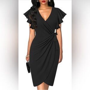 oten Deep V Neck Ruffle Sleeve Sheath Casual Cocktail Party Work Faux Wrap Dress